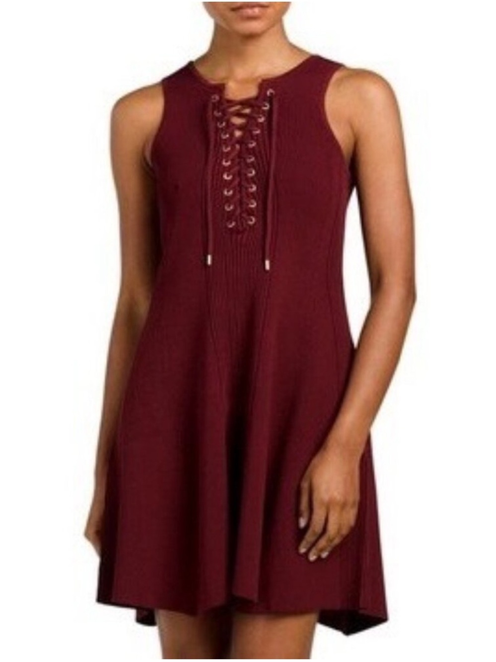 Ronny Kobo Swing Dress Size Large‎ Burgundy Ribbed Knit Lace Up Whimsigoth Indie